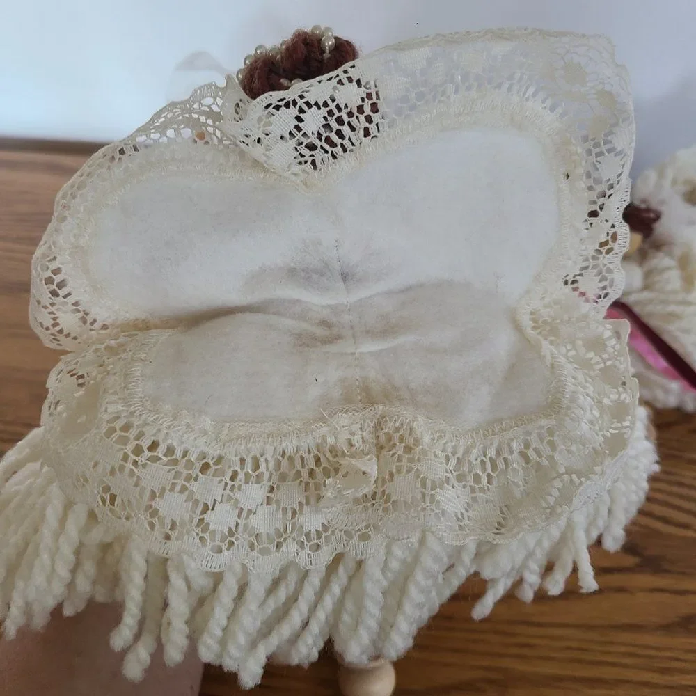 Vintage Five Yarn Mop Dolls Thimble Wood Bead Satin Ribbon Tulle Accent Handmade